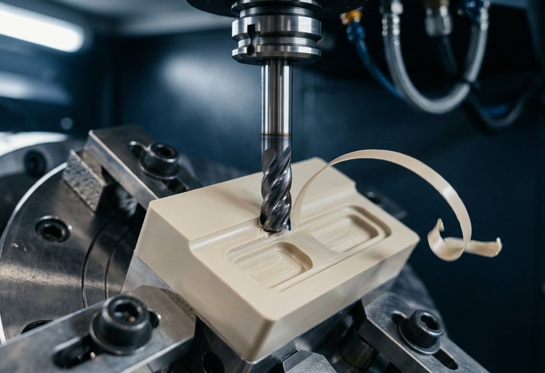 Solid carbide end mill cutting a PEEK block, chip curling away from the cut