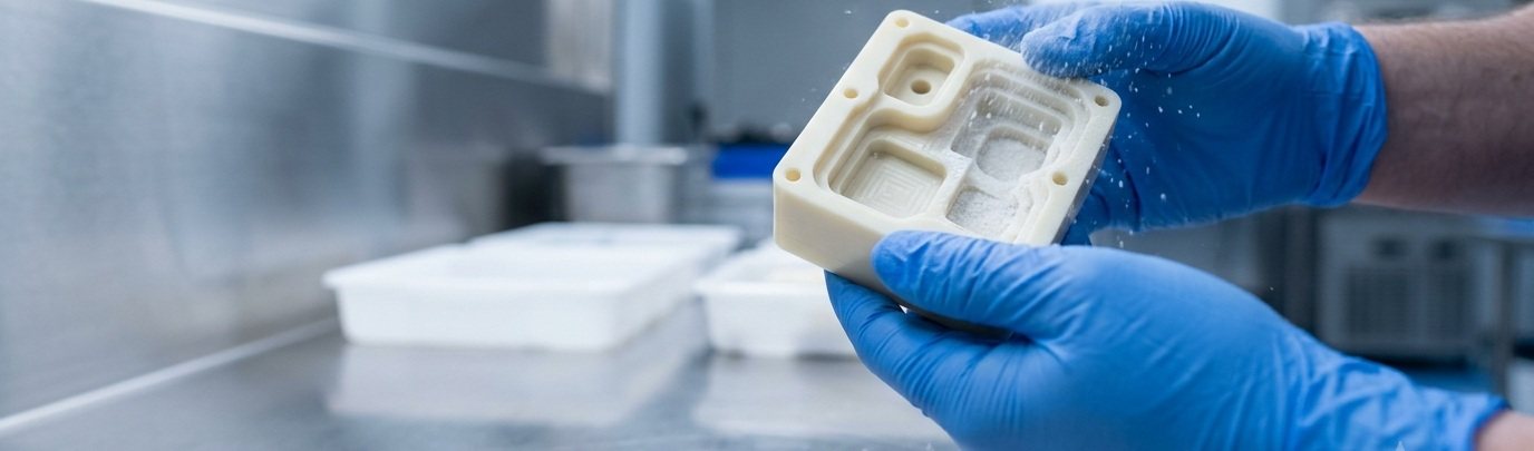 Machined plastic component being cleaned and inspected under controlled conditions