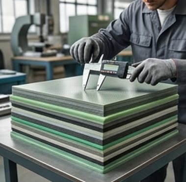 Glass fibre reinforced sheet being measured with callipers