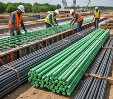 Fibre reinforced composite rebar being laid on a construction site