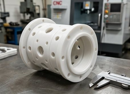 Cylindrical machined plastic housing with cross-drilled holes